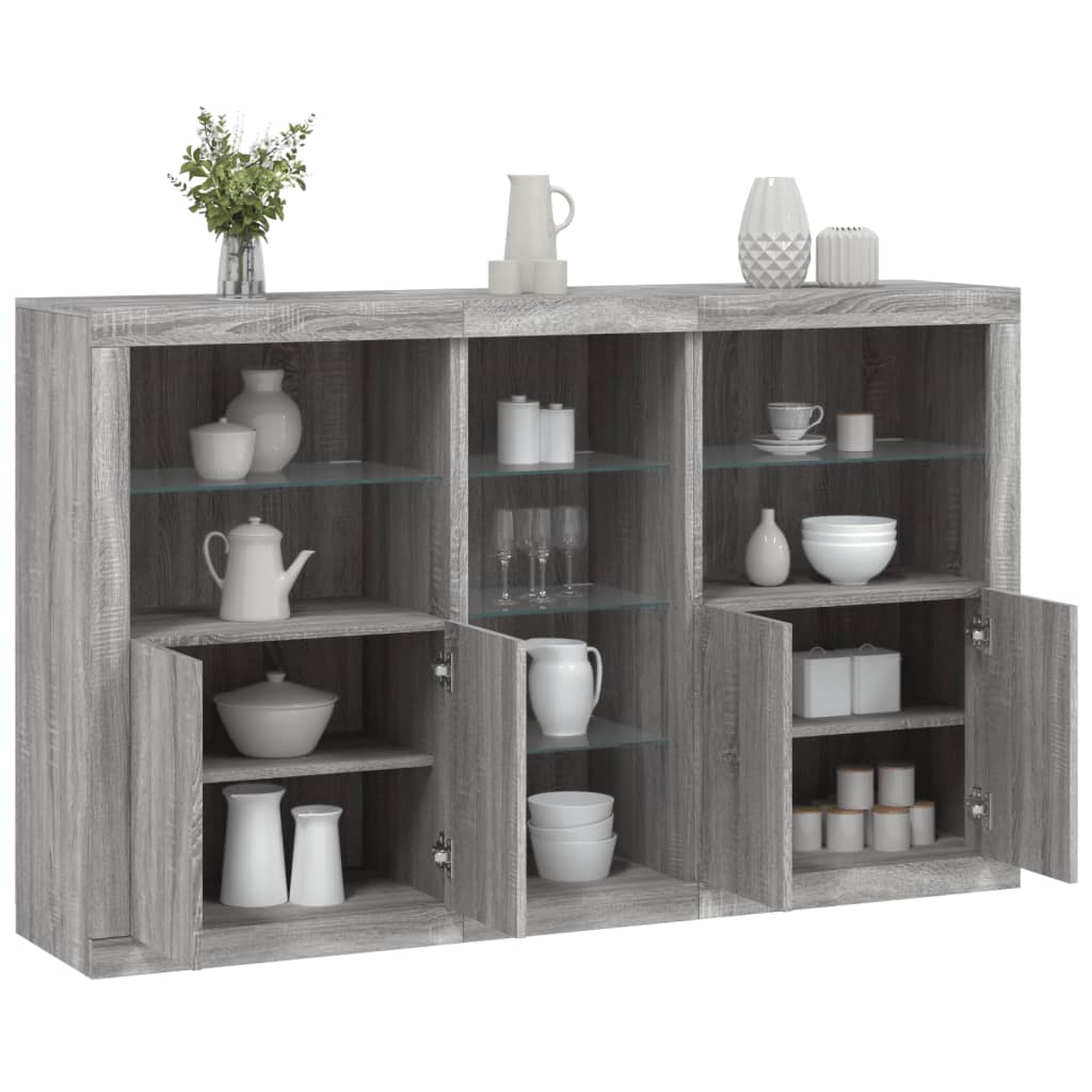 Sideboard with LED lights, grey oak, 162x37x100cm