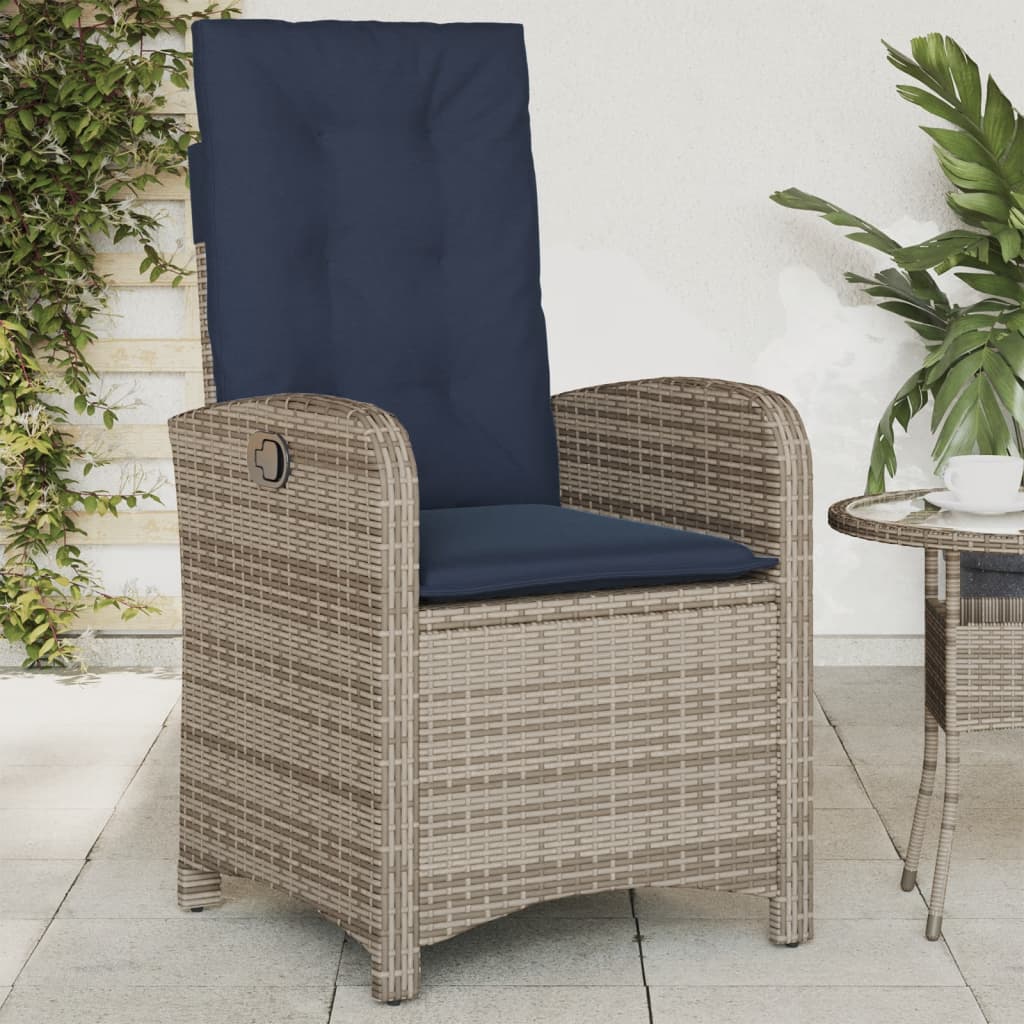 Reclining garden chairs with cushions, 2 pcs, grey, poly rattan