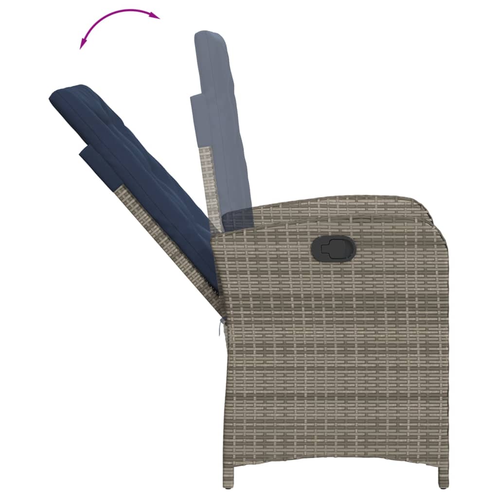 Reclining garden chairs with cushions, 2 pcs, grey, poly rattan