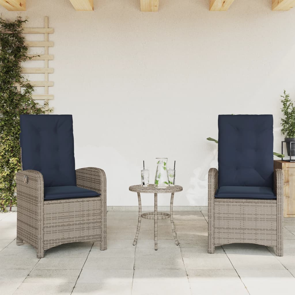 Reclining garden chairs with cushions, 2 pcs, grey, poly rattan
