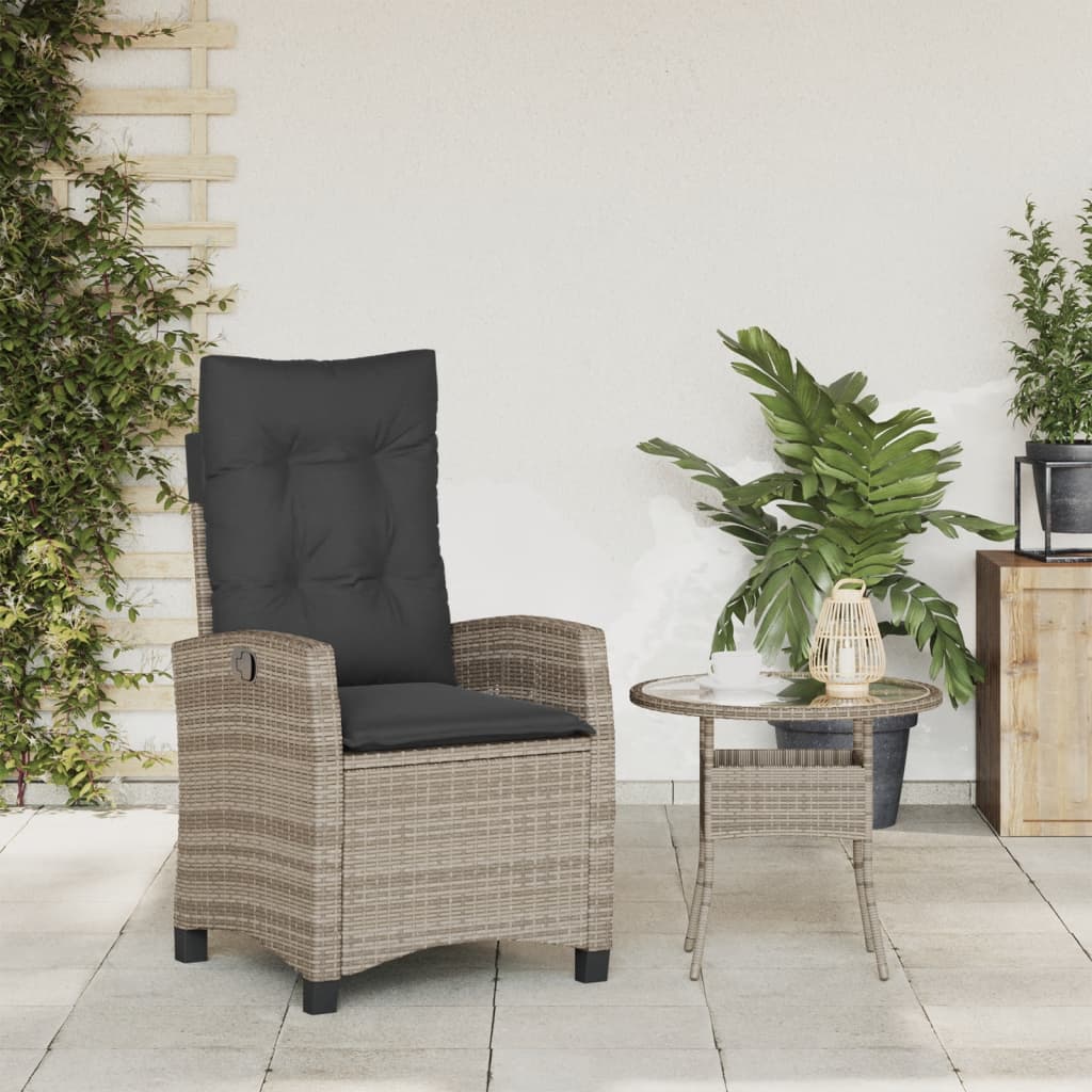 Reclining garden chair with cushions, grey, poly rattan