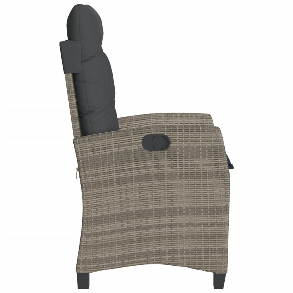 Reclining garden chair with cushions, grey, poly rattan