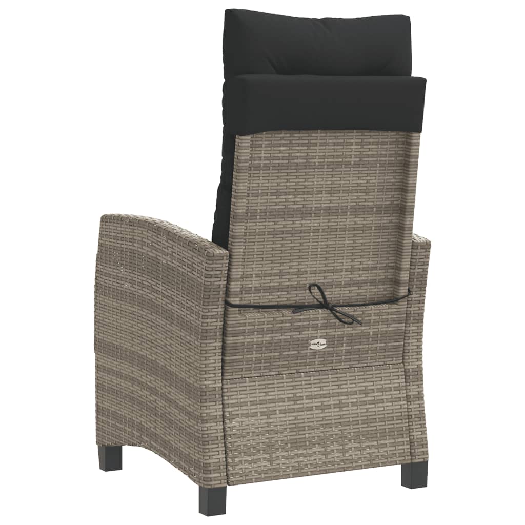 Reclining garden chair with cushions, grey, poly rattan