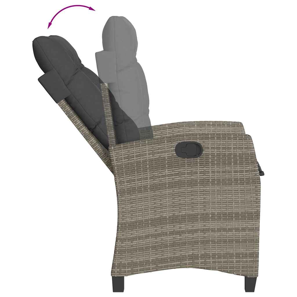 Reclining garden chair with cushions, grey, poly rattan