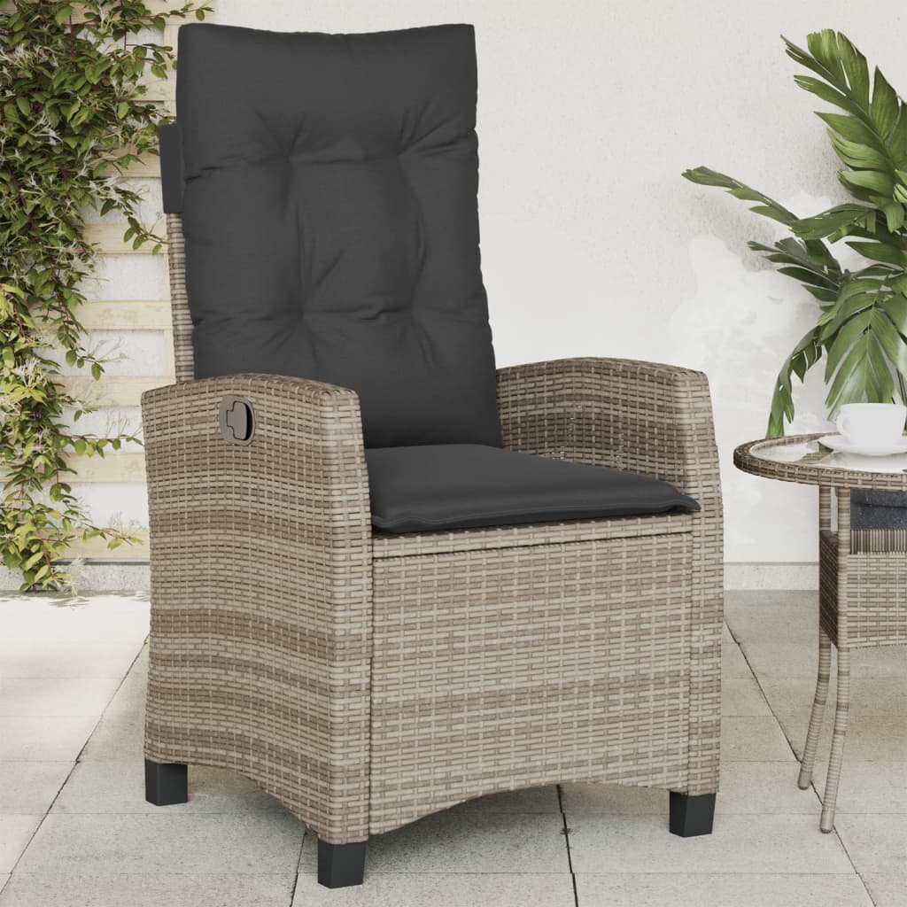 Reclining garden chair with cushions, grey, poly rattan