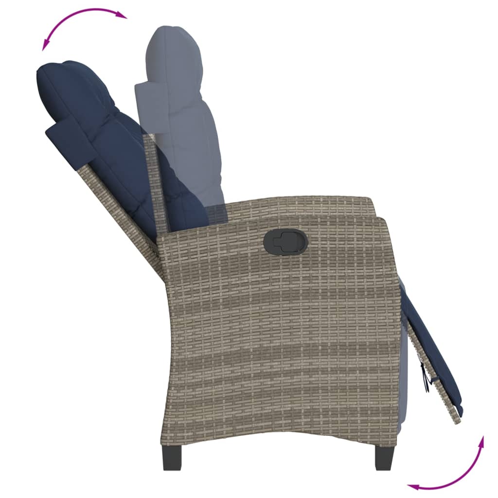 Reclining garden chair with footrest, grey, poly rattan