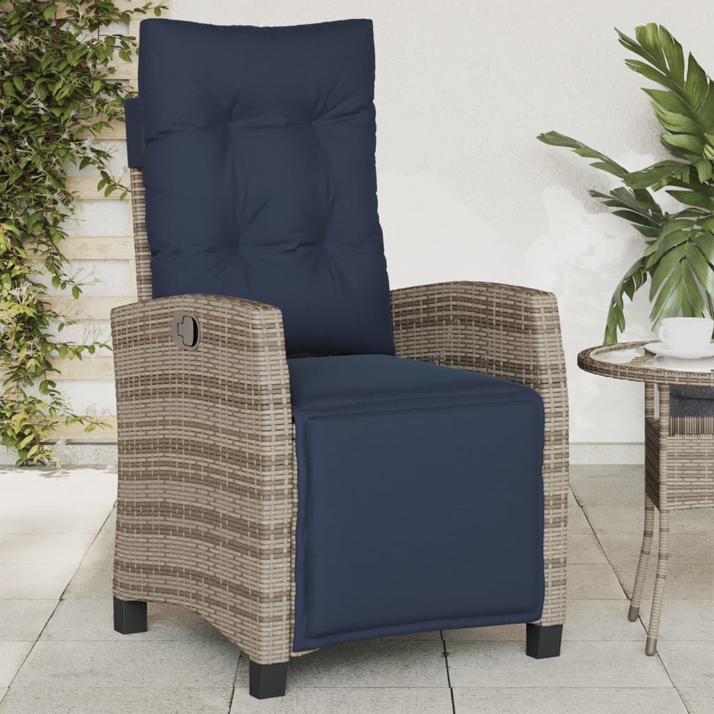 Reclining garden chair with footrest, grey, poly rattan