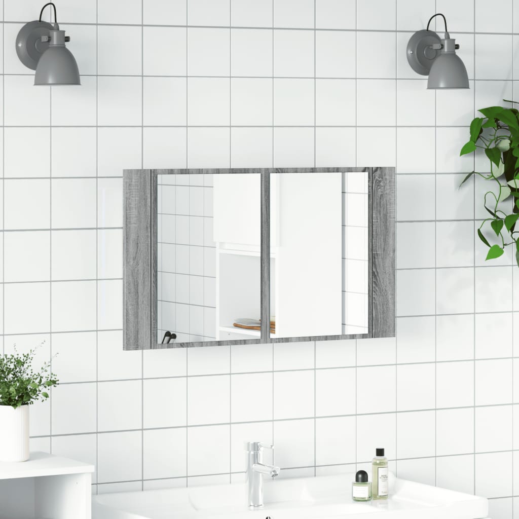 Pelēks vannas istabas spoguļskapītis ar LED, 80x12x45cm, akrils
