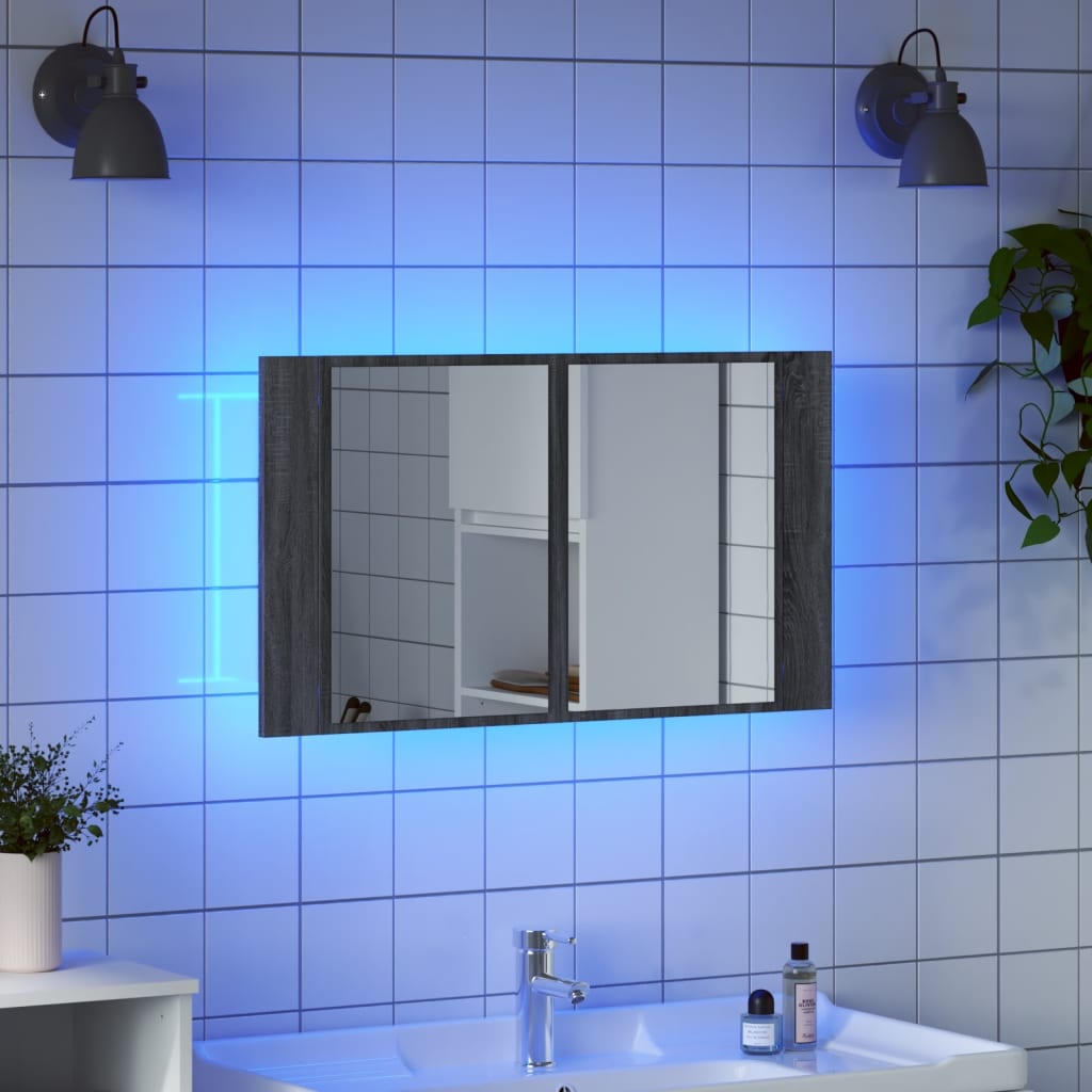 Pelēks vannas istabas spoguļskapītis ar LED, 80x12x45cm, akrils