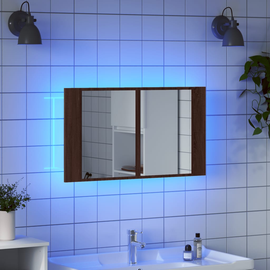 Veidrodinė vonios spintelė su LED, ruda, 80x12x45cm, akrilas
