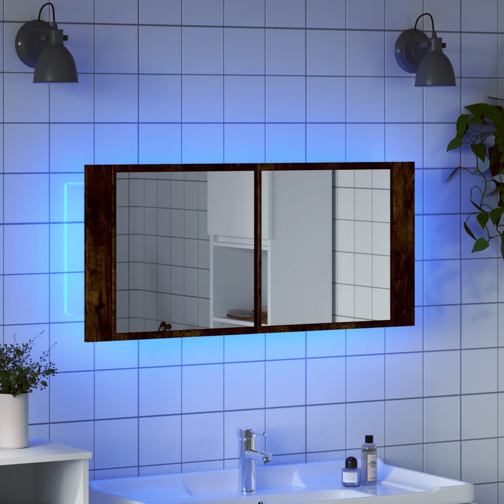 Spoguļskapītis vannasistabai ar LED, dūmu ozols, 100x12x45cm