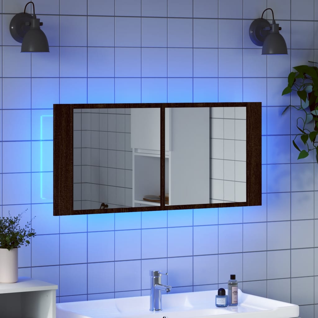 Spoguļskapītis vannasistabai ar LED, brūns ozols, 100x12x45cm