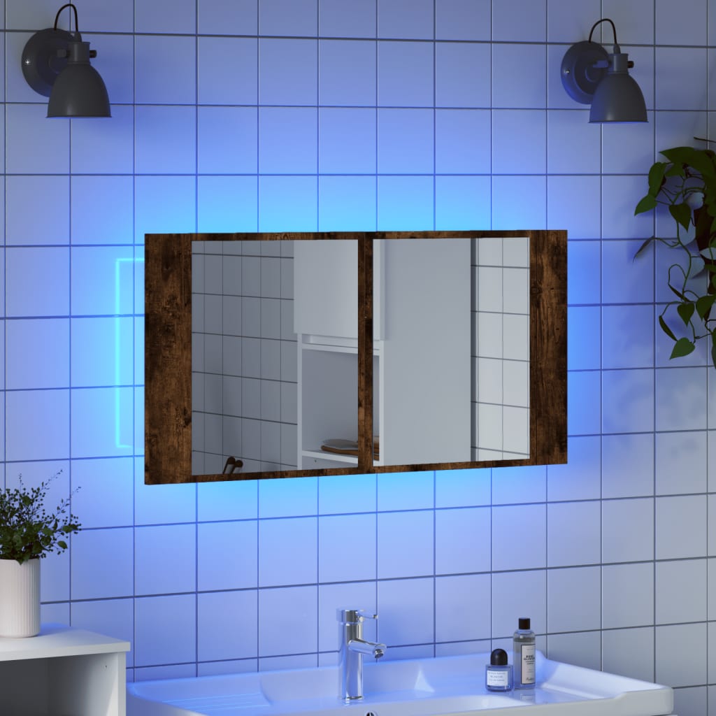 Veidrodinė vonios spintelė su LED, dūminė, 90x12x45cm, akrilas