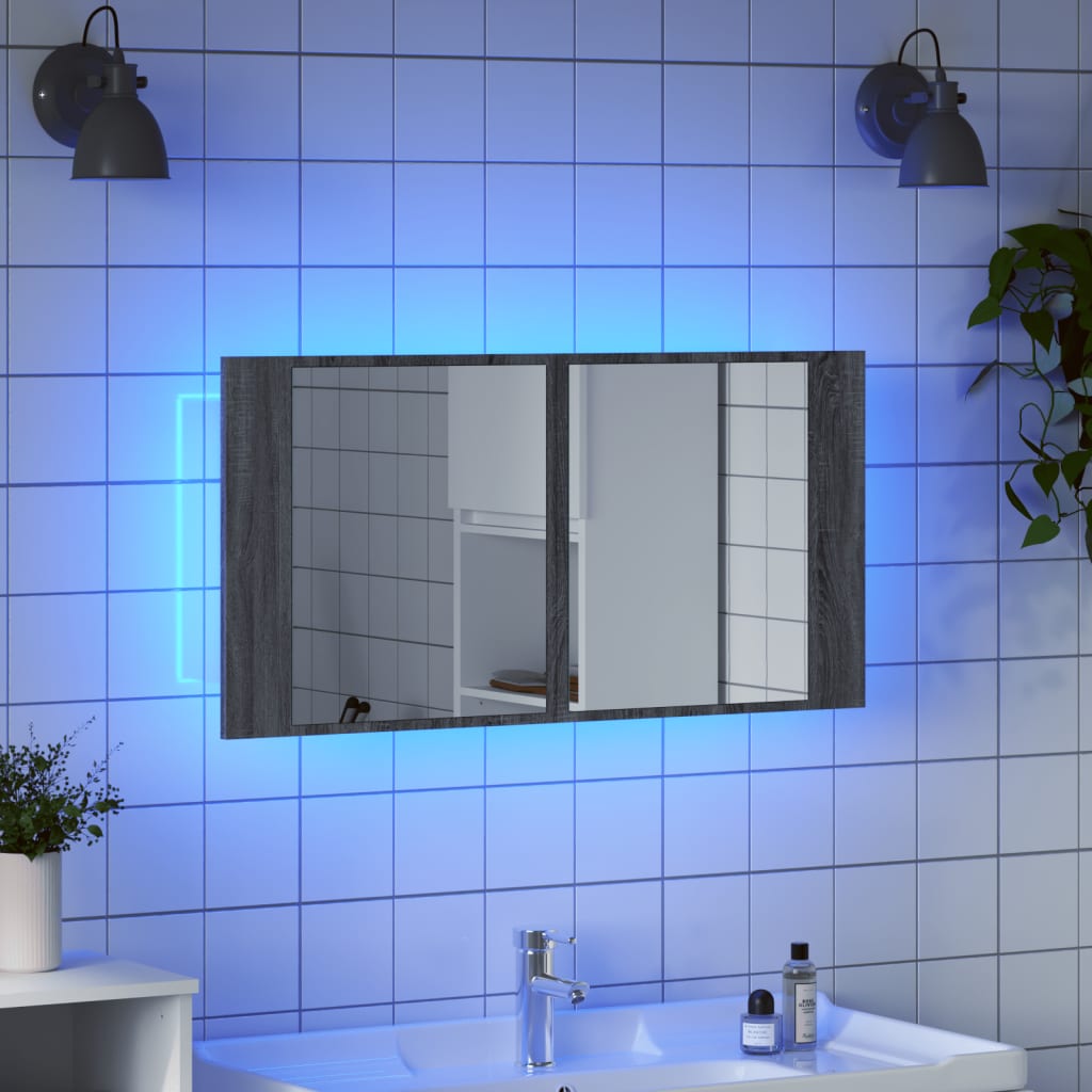 Veidrodinė vonios spintelė su LED, pilka, 90x12x45cm, akrilas