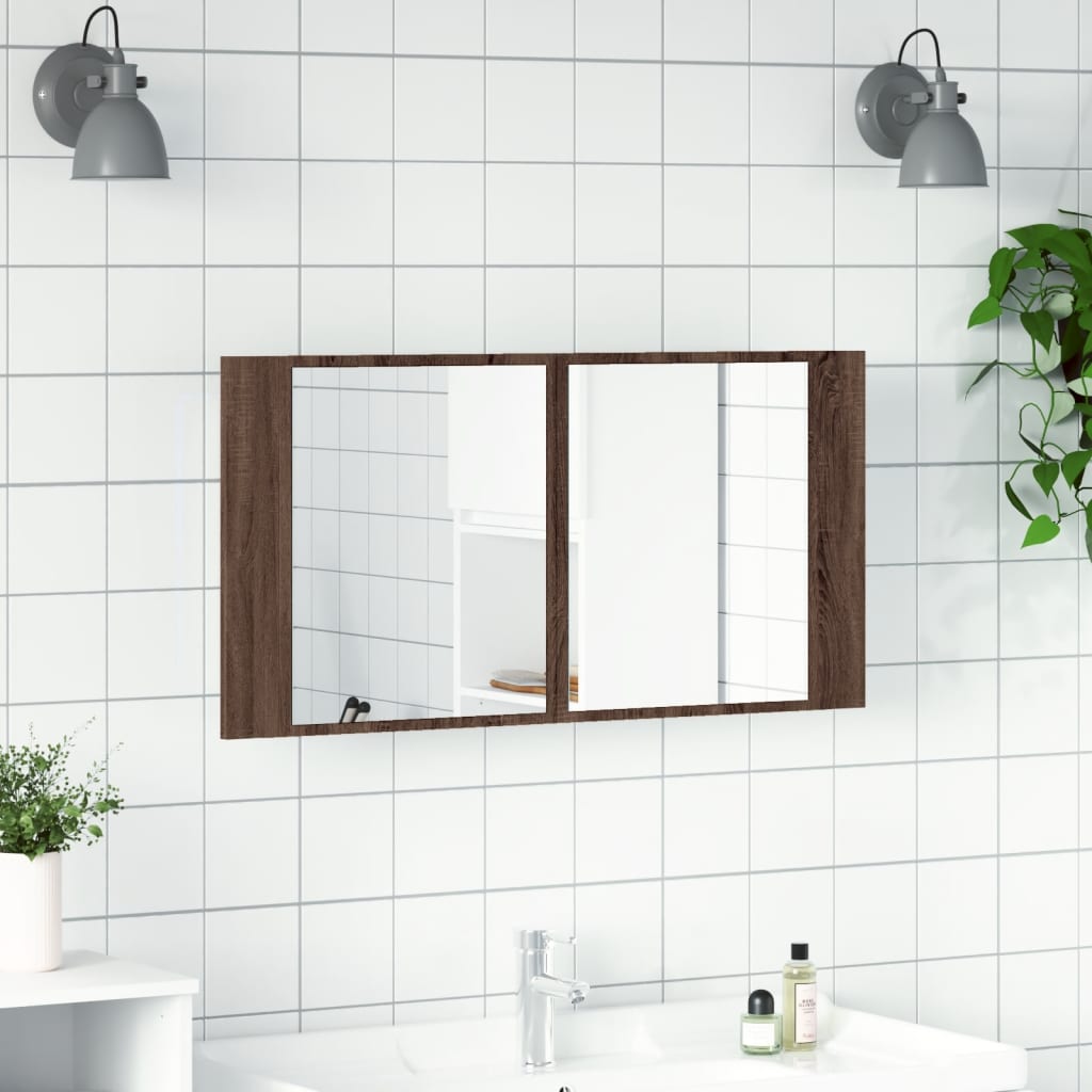 LED Mirror Bathroom Cabinet, Brown, 90x12x45cm, Acrylic