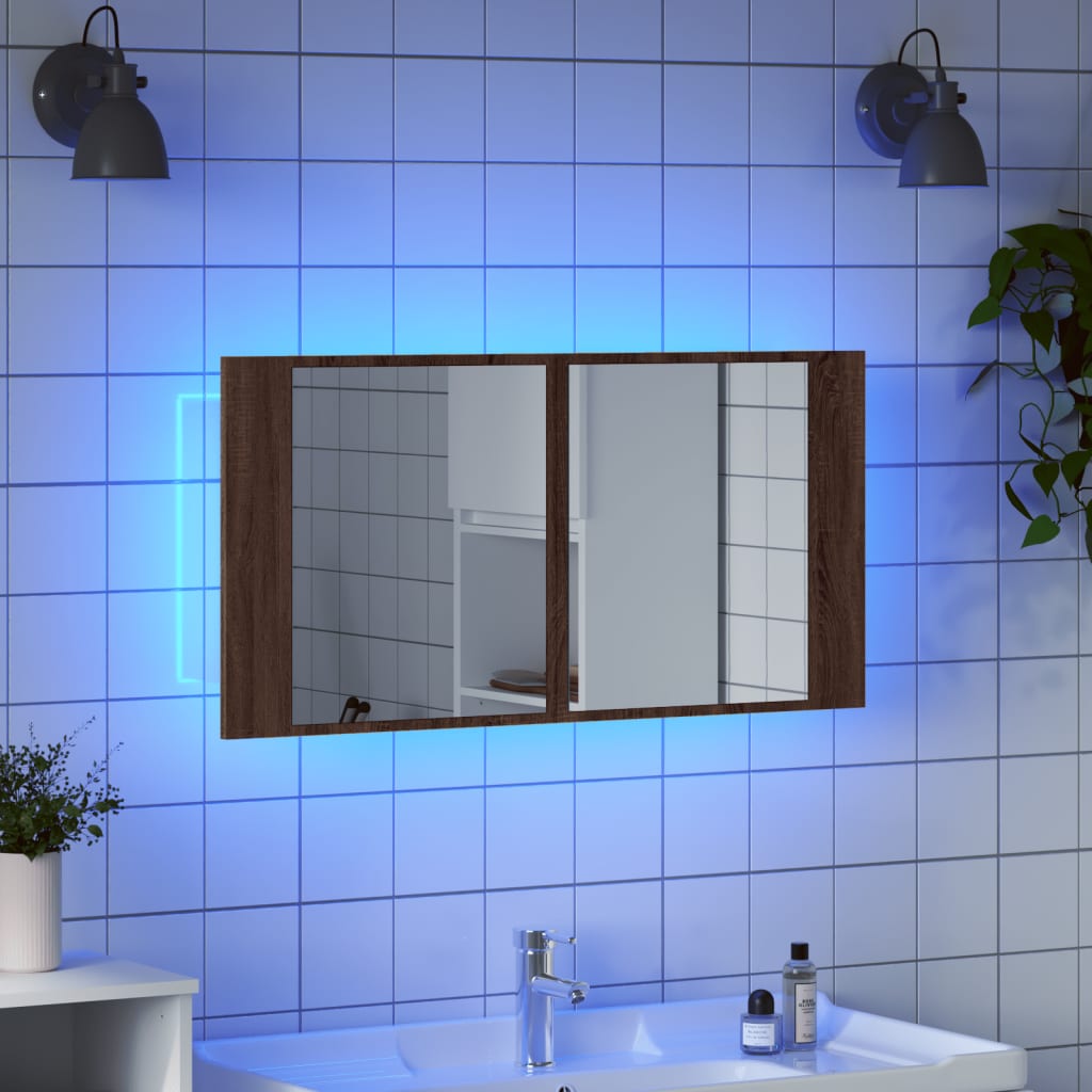 Veidrodinė vonios spintelė su LED, ruda, 90x12x45cm, akrilas