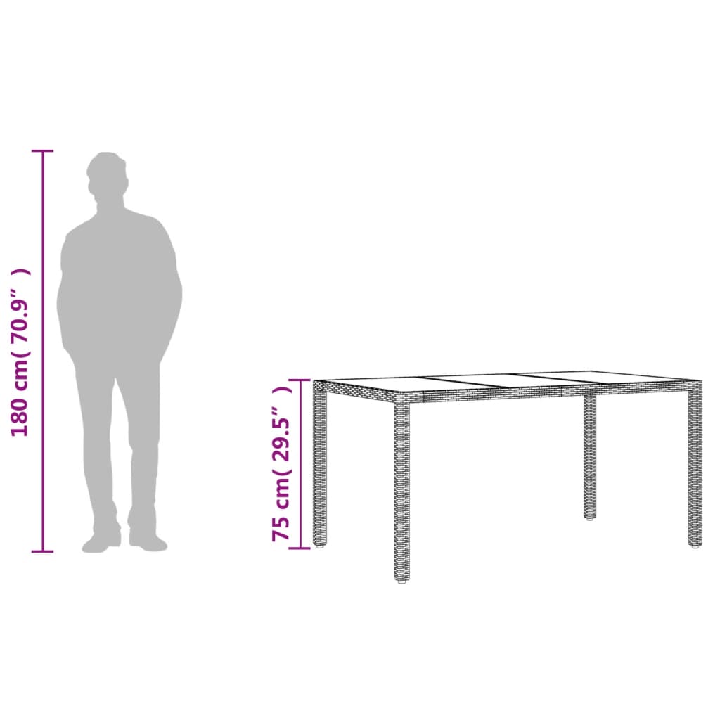 Table with glass top, black, 150x90x75cm, rattan