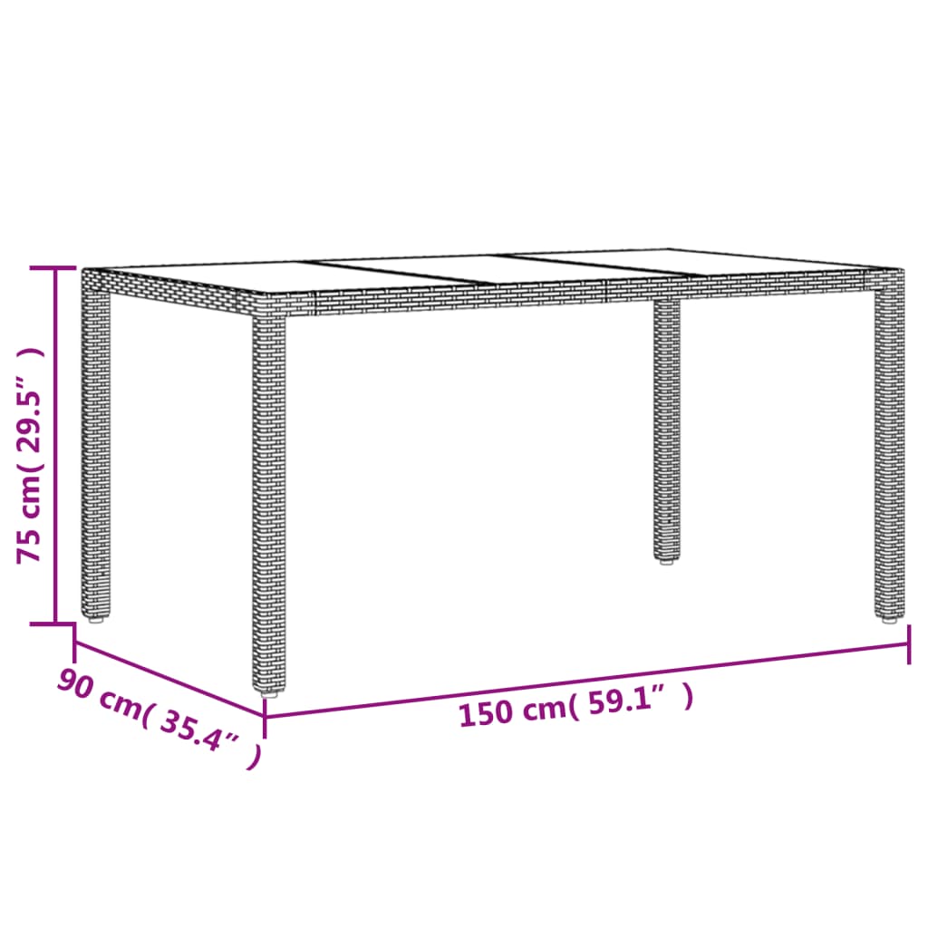 Table with glass top, black, 150x90x75cm, rattan