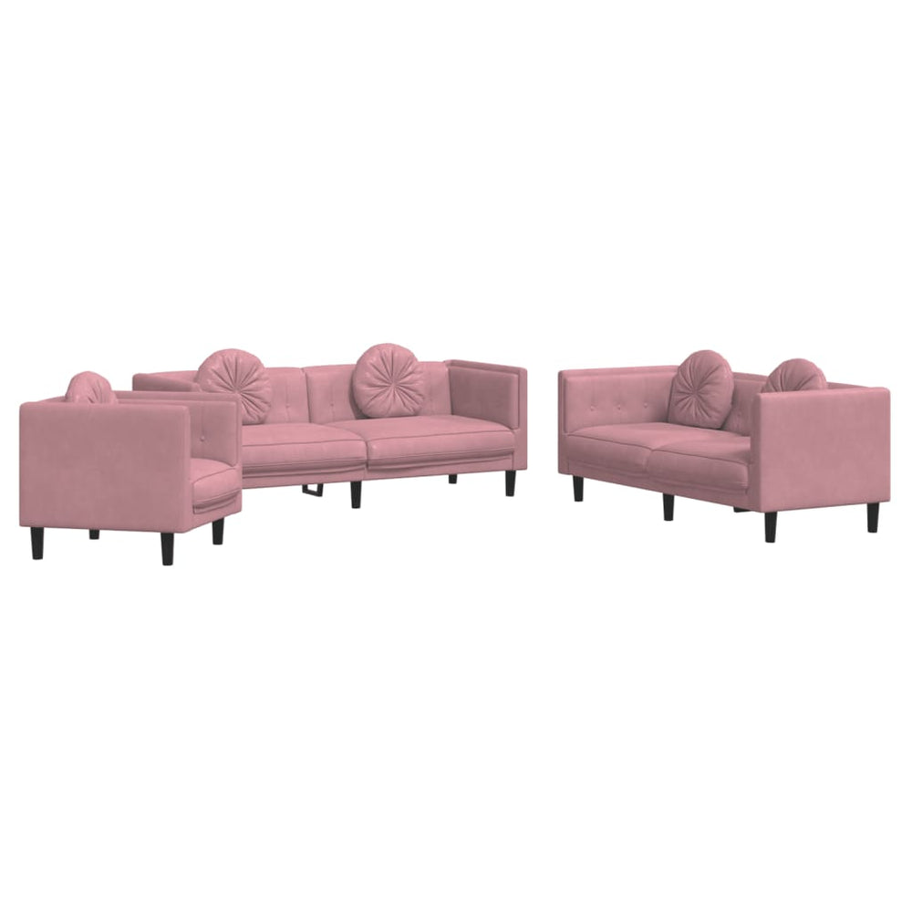 Sofos komplektas su pagalvėmis, 3 dalių, rožinis, aksomas