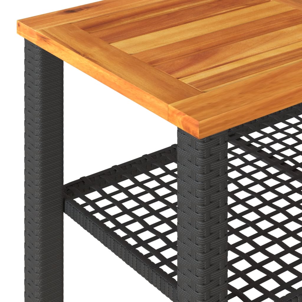 Sodo stalas, juodas, 70x38x42cm, poliratanas/akacijos mediena