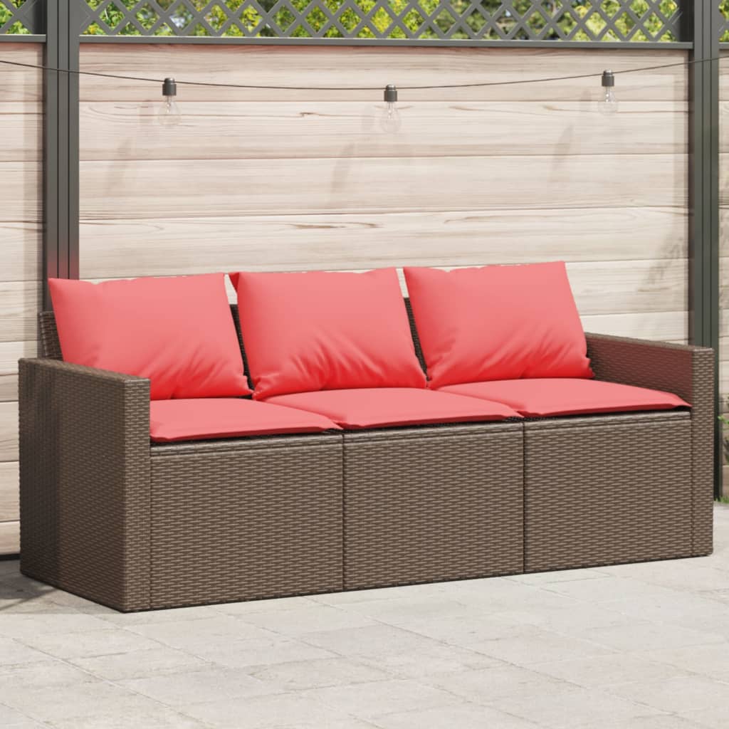 Trivietė sodo sofa su pagalvėlėmis, ruda, poliratanas