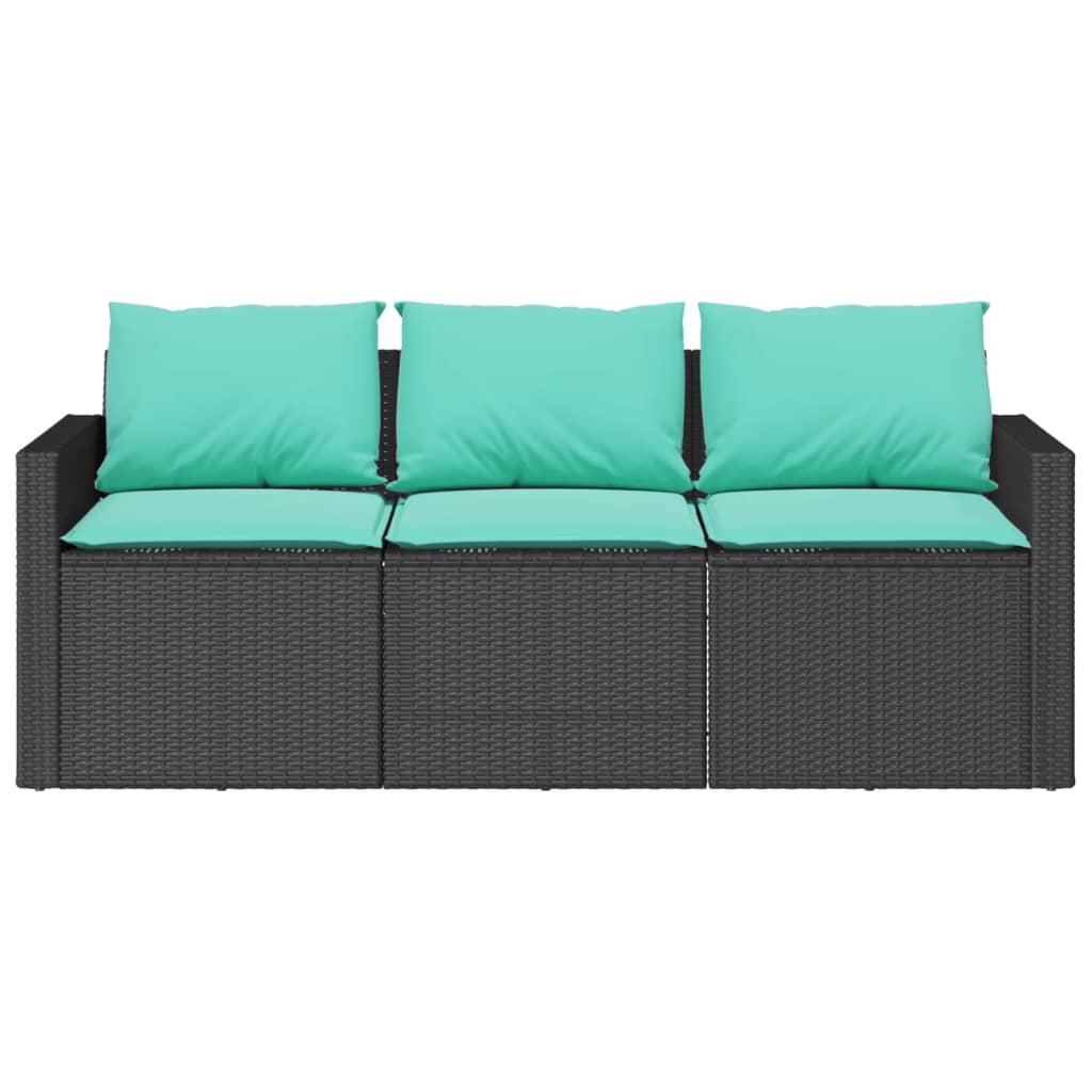 Trivietė sodo sofa su pagalvėlėmis, juodos spalvos, poliratanas