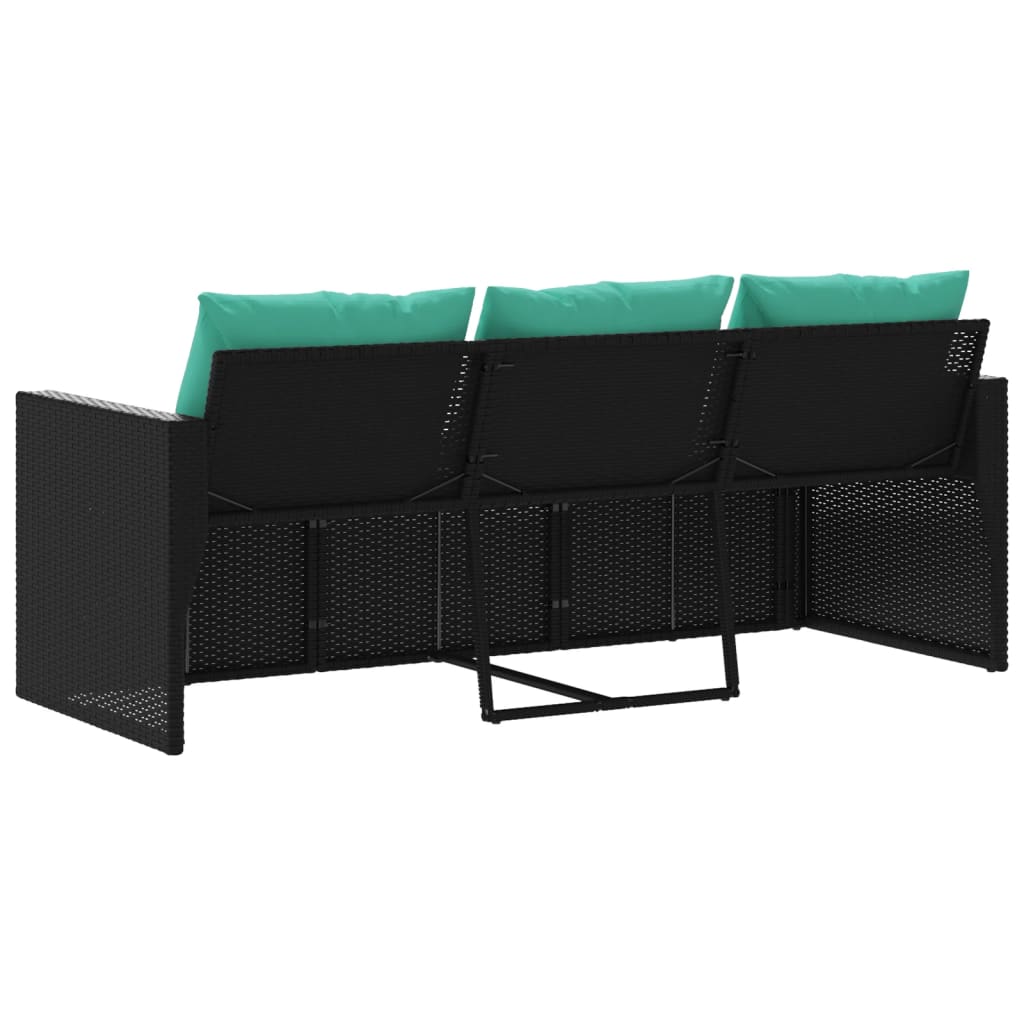 Trivietė sodo sofa su pagalvėlėmis, juodos spalvos, poliratanas