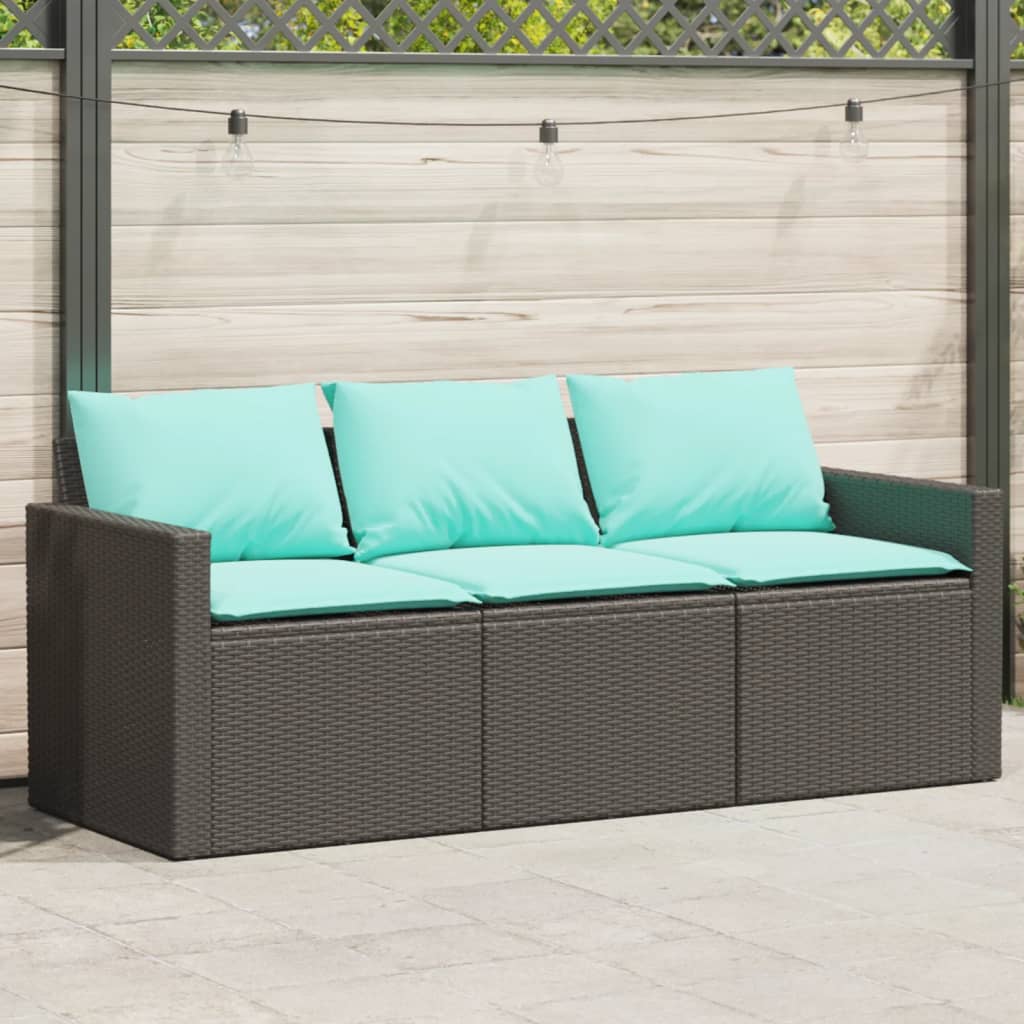 Trivietė sodo sofa su pagalvėlėmis, juodos spalvos, poliratanas