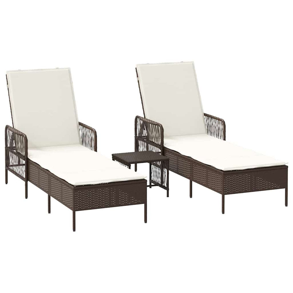 2 pcs. sun loungers with cushions and a table, brown, made of poly rattan.