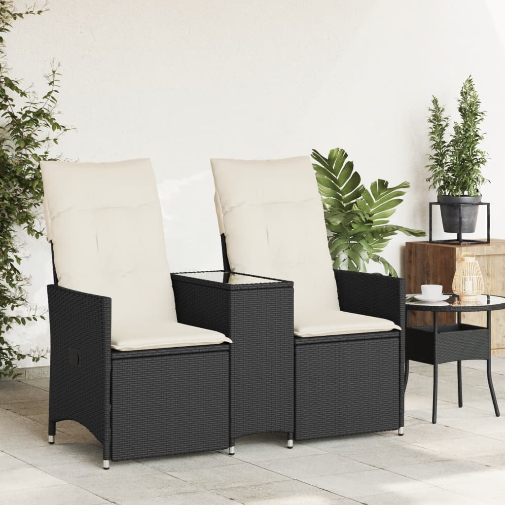 Atlošiama dvivietė sodo sofa su staliuku, juoda, poliratanas