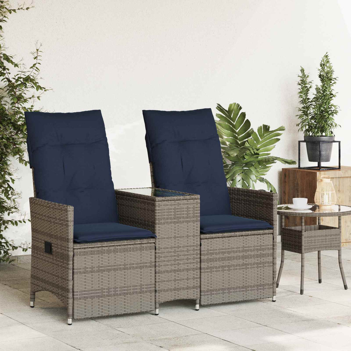 Atlošiama sodo sofa, 2 vietų, su staliuku, pilka, polirotangas