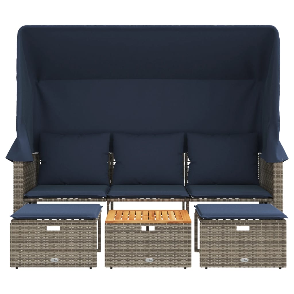 Sodo sofa, 3 vietų, su stogeliu ir taburetėmis, pilka, poliratanas