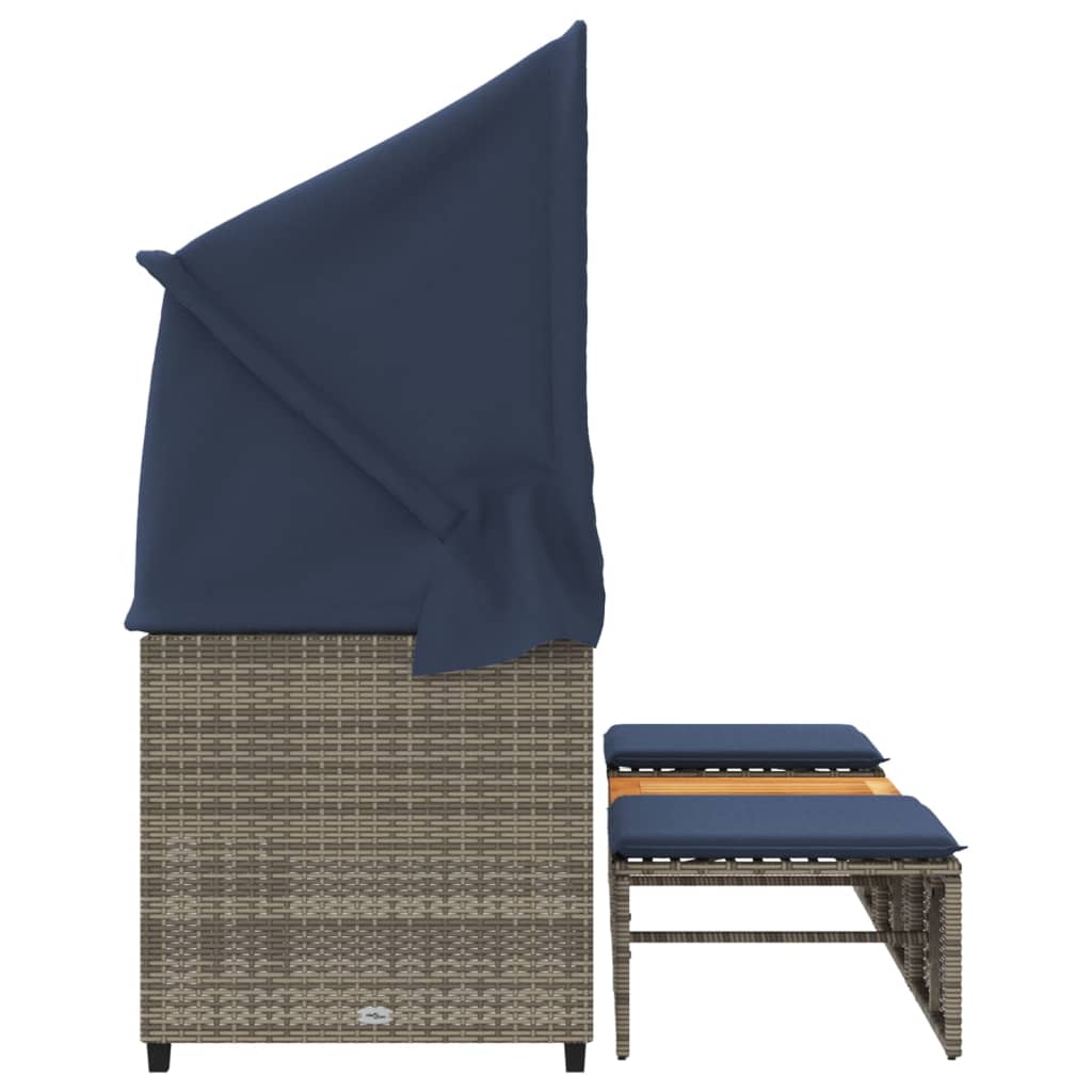 Sodo sofa, 3 vietų, su stogeliu ir taburetėmis, pilka, poliratanas