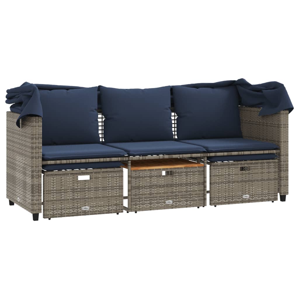 Sodo sofa, 3 vietų, su stogeliu ir taburetėmis, pilka, poliratanas