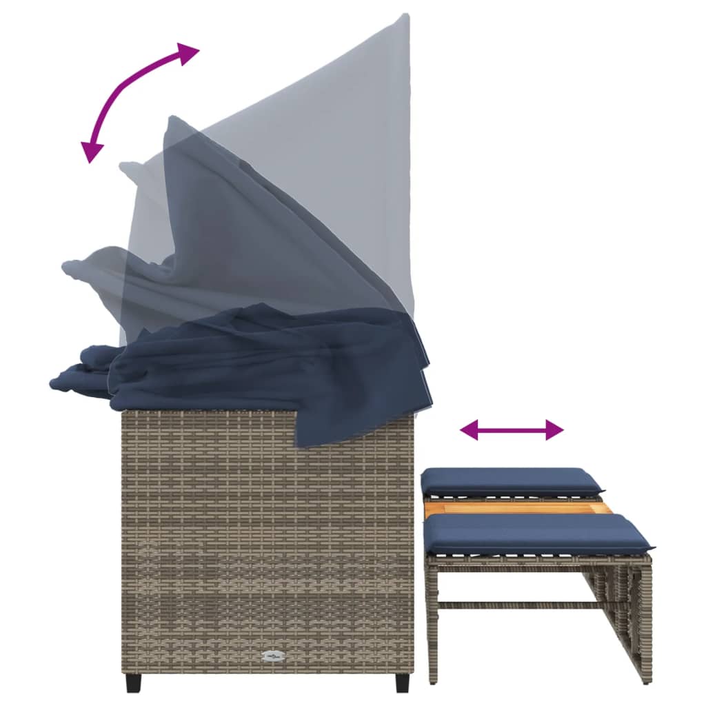 Sodo sofa, 3 vietų, su stogeliu ir taburetėmis, pilka, poliratanas