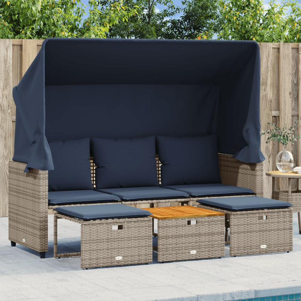 Sodo sofa, 3 vietų, su stogeliu ir taburetėmis, pilka, poliratanas