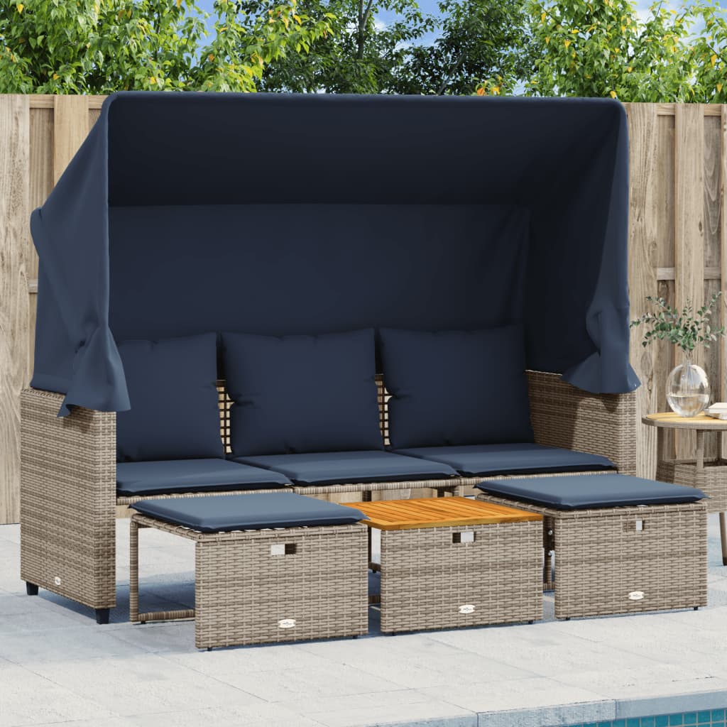 Sodo sofa, 3 vietų, su stogeliu ir taburetėmis, pilka, poliratanas