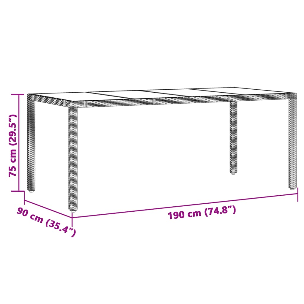 Table with glass top, black, 190x90x75, polyrattan