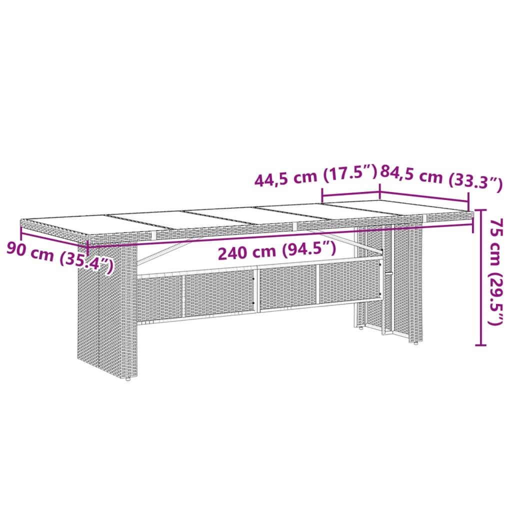 Stalas su stikliniu stalviršiu, juodas, 240x90x75cm, PE ratanas