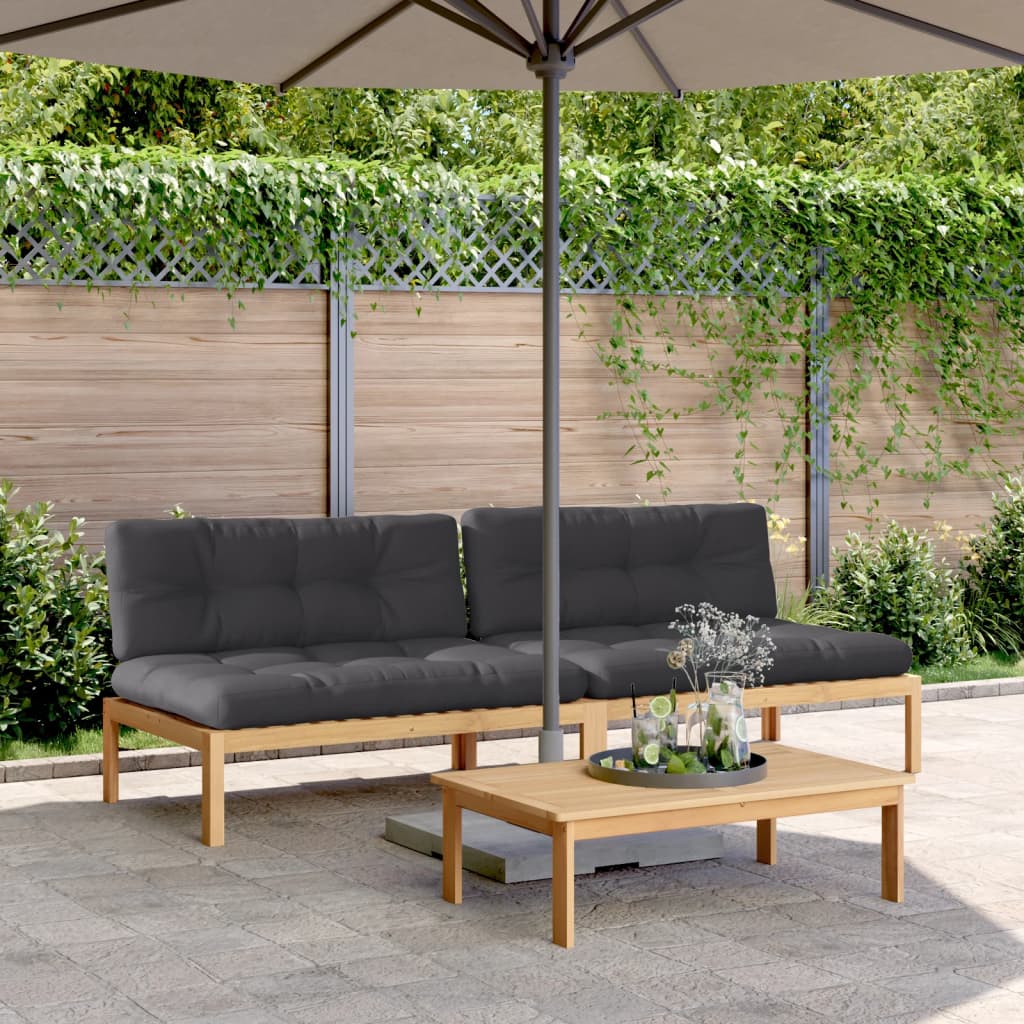 Middle pallet sofa sections with cushions, 2 pcs, acacia wood