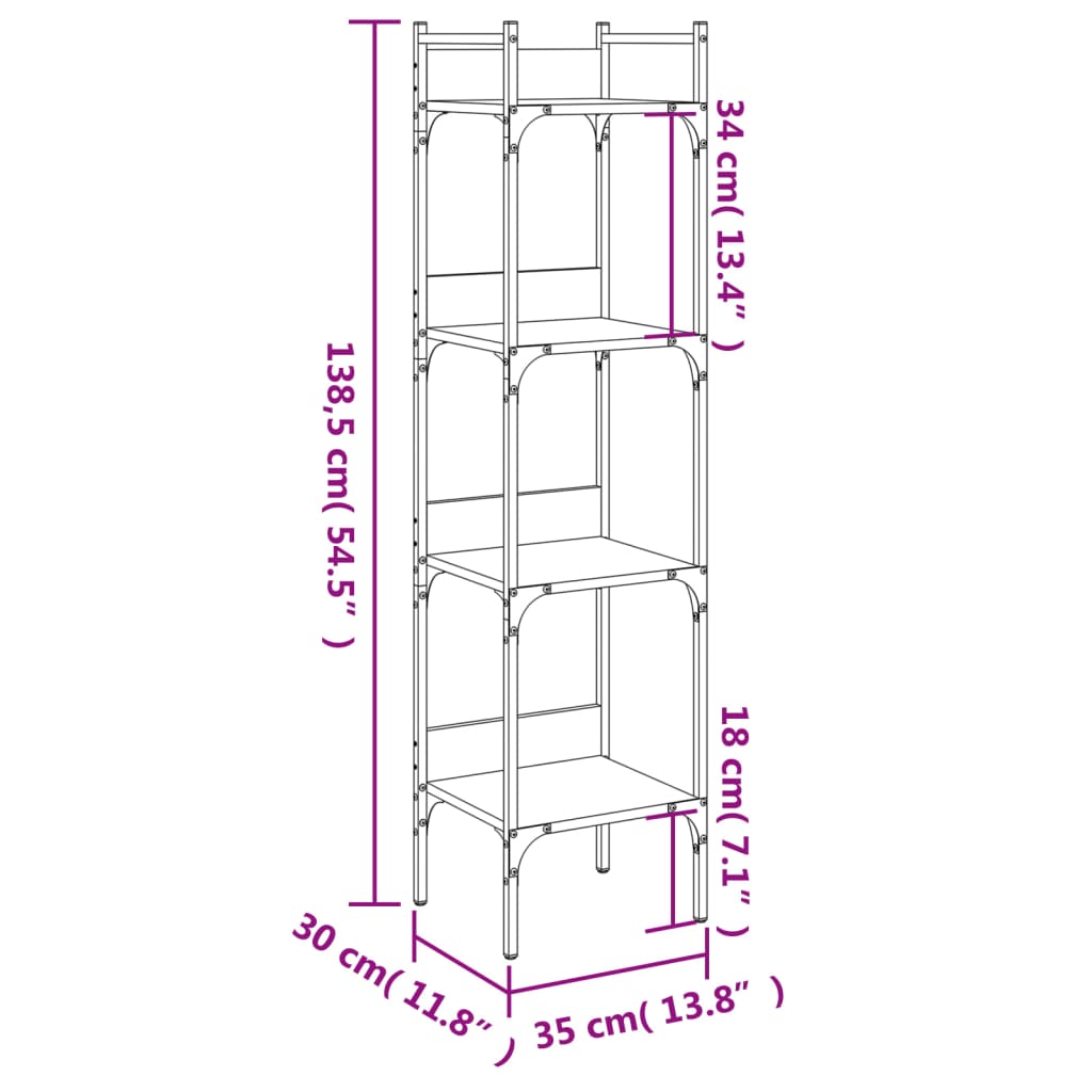 Bookcase, 4 tier, smoky oak, 35x30x138.5cm, wood