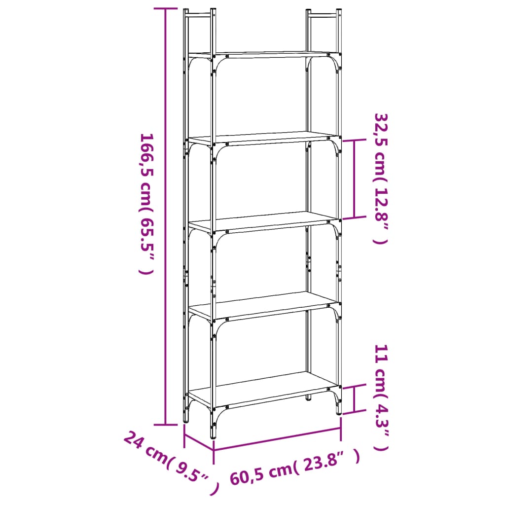 Bookcase, 5-tier, smoky, 60.5x24x166.5cm, wood