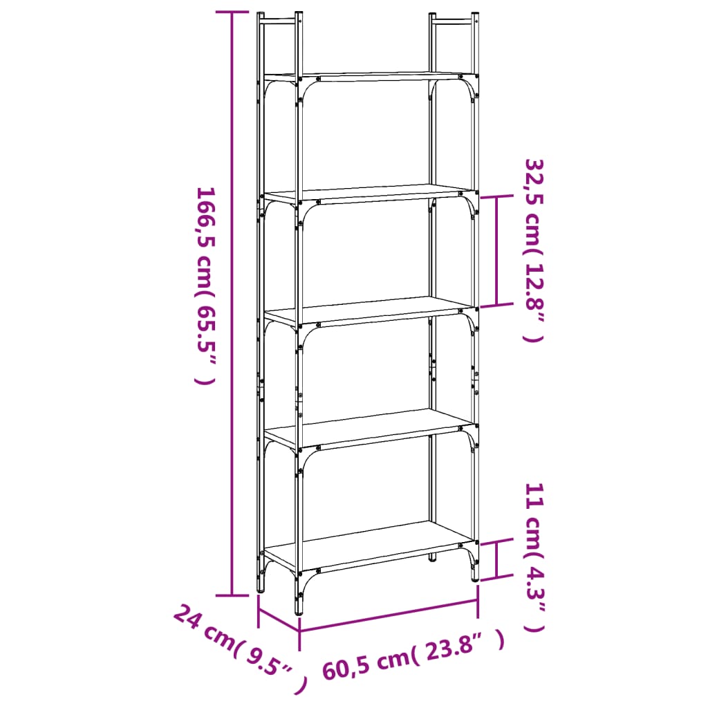 Bookshelf, 5-tier, brown oak, 60.5x24x166.5cm, wood