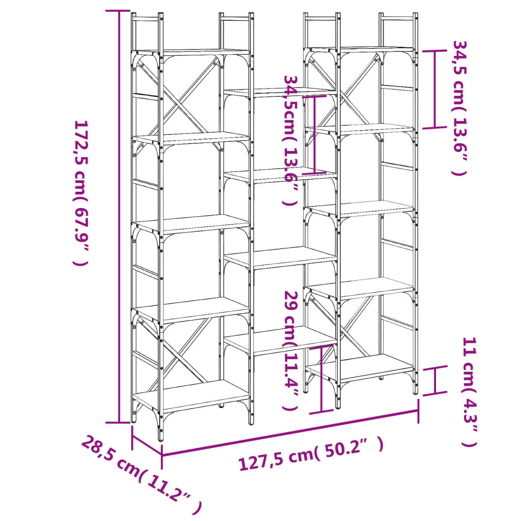 Grāmatu plaukts, brūns ozols, 127,5x28,5x172,5cm, koks
