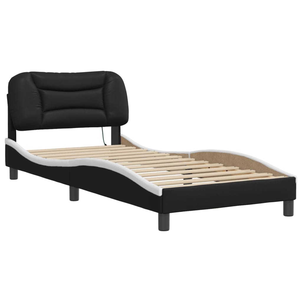 LED bed frame, black and white, 80x200cm, artificial leather