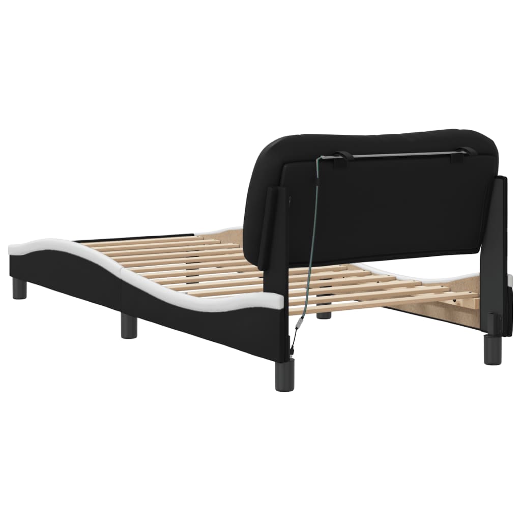 LED bed frame, black and white, 80x200cm, artificial leather