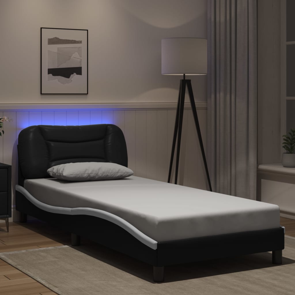 LED bed frame, black and white, 80x200cm, artificial leather