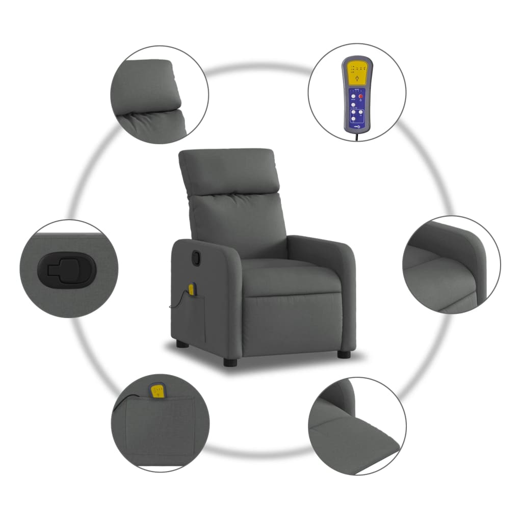 Reclining massage armchair, dark grey, fabric