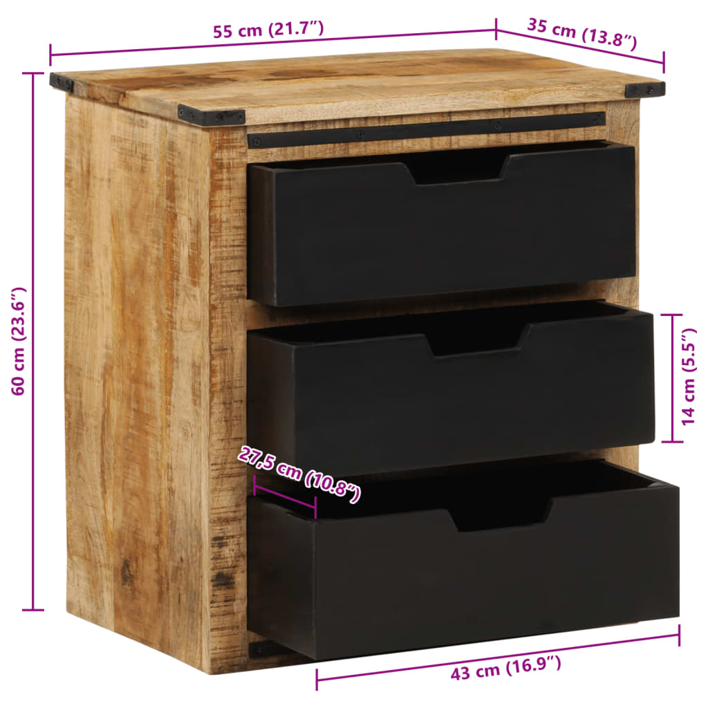 Side cabinet with 3 drawers, 55x35x60cm, solid mango wood