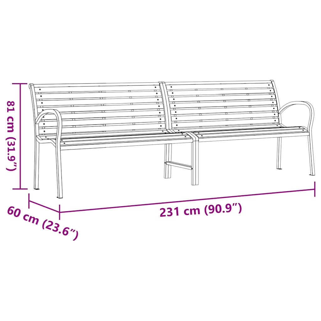 Garden bench, brown, 231cm, wood and steel